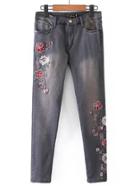 Romwe Flower Embroidery Ankle Jeans
