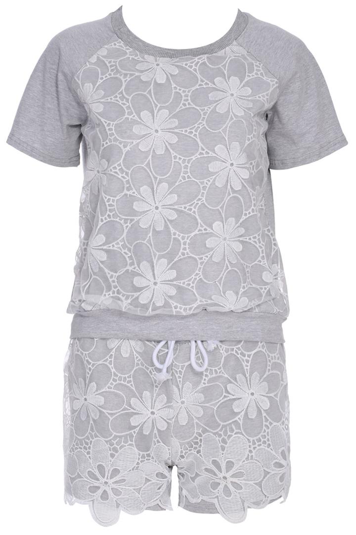 Romwe Romwe Dual-tone Floral Grey Short-sleeved Two Pieces