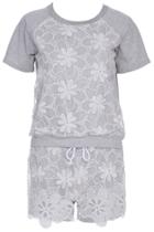 Romwe Romwe Dual-tone Floral Grey Short-sleeved Two Pieces