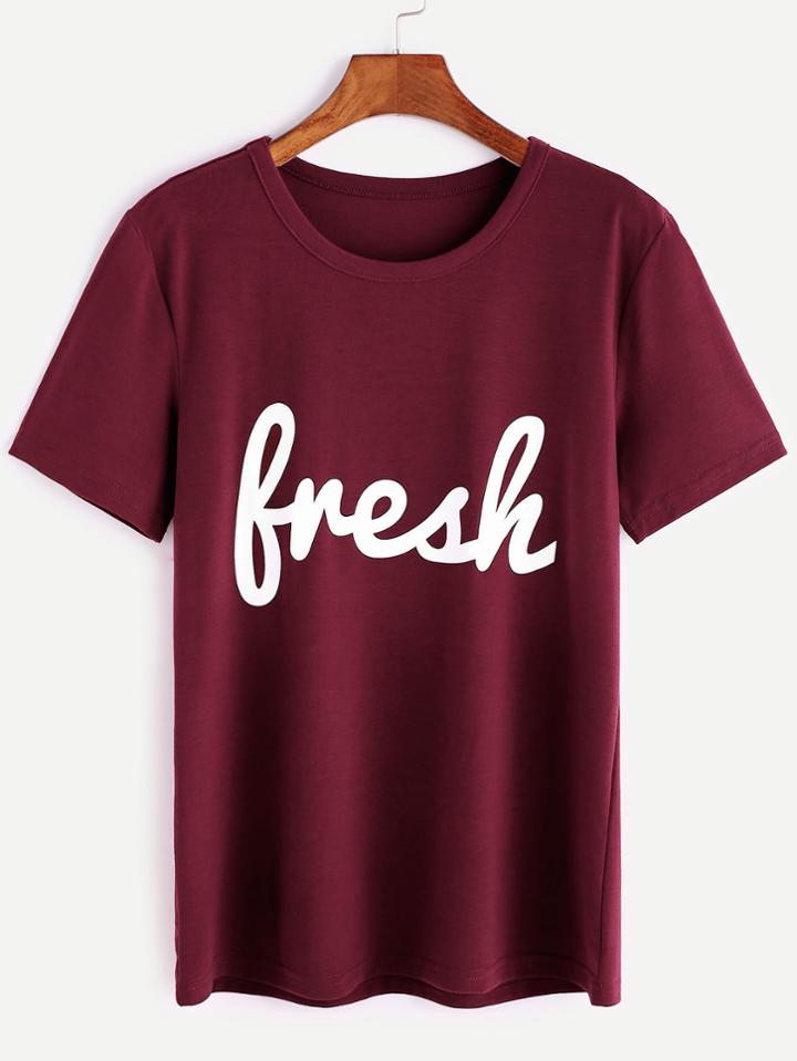 Romwe Burgundy Letter Print T-shirt