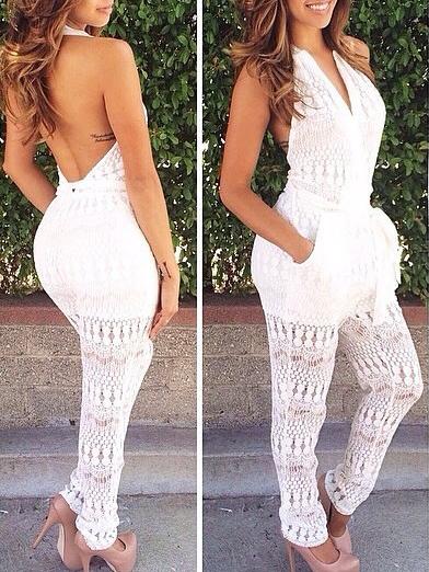 Romwe Surplice Front Backless Lace Jumpsuit - White