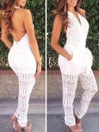 Romwe Surplice Front Backless Lace Jumpsuit - White