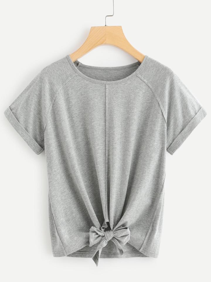 Romwe Knot Front Cuffed Tee