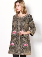 Romwe Multicolor Round Neck Length Sleeve Embroidered Coat
