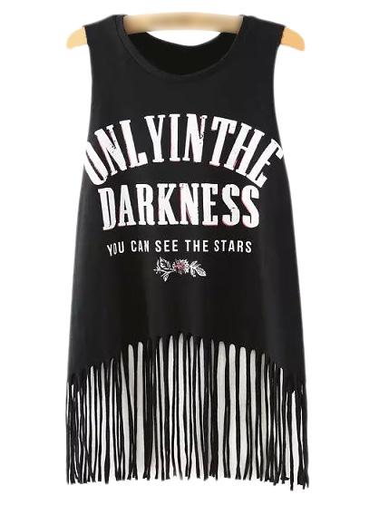 Romwe Black Sleeveless Letters Print Tassel T-shirt