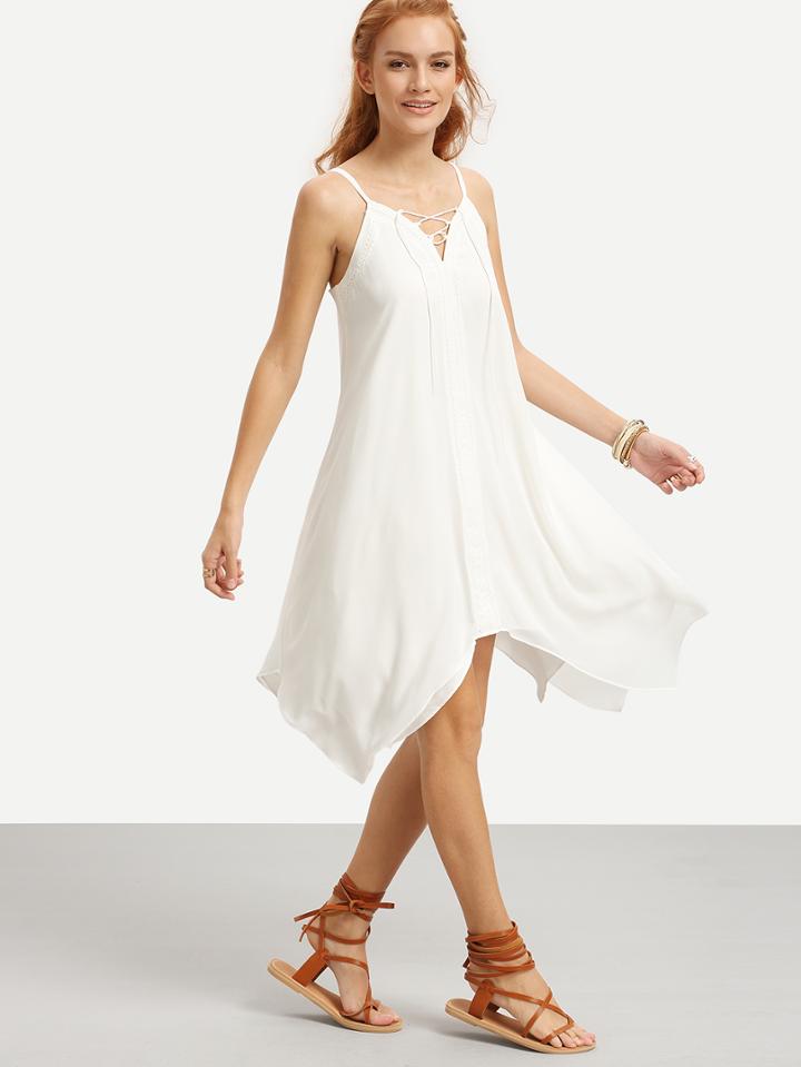 Romwe White Lace Up Asymmetrical Dress