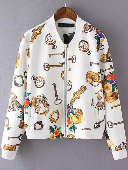 Romwe Stand Collar Key Print White Jacket