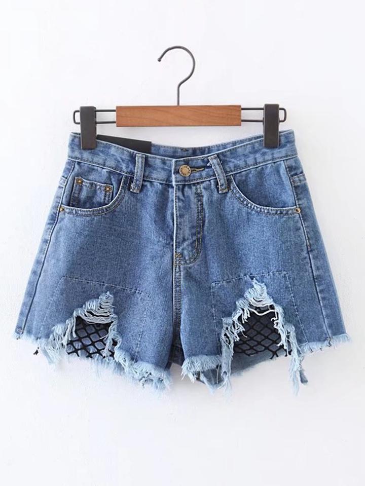 Romwe Contrast Mesh Raw Hem Denim Shorts