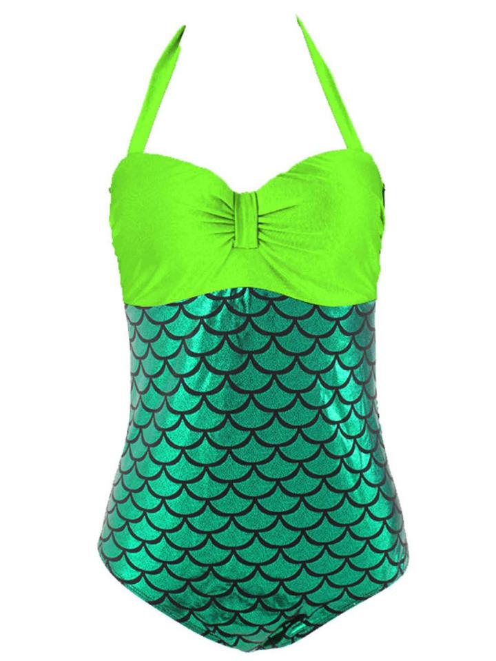Romwe Halter Mermaid One-piece Swimwear - Green