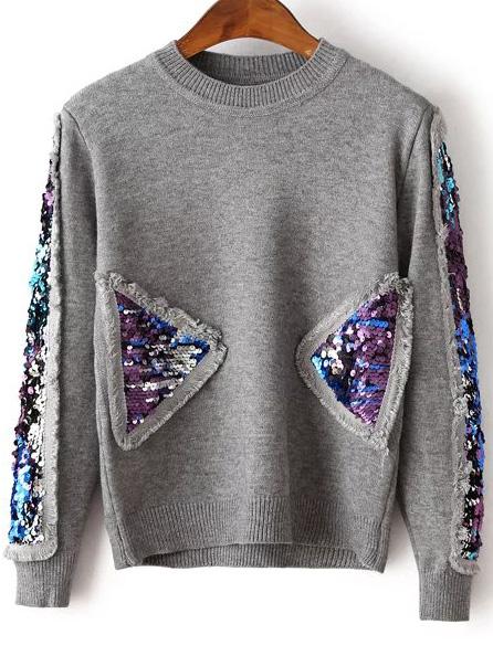 Romwe Grey Sequin Detail Crew Neck Sweater