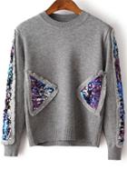 Romwe Grey Sequin Detail Crew Neck Sweater
