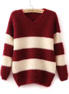 Romwe V Neck Striped Loose Wine Red Sweater