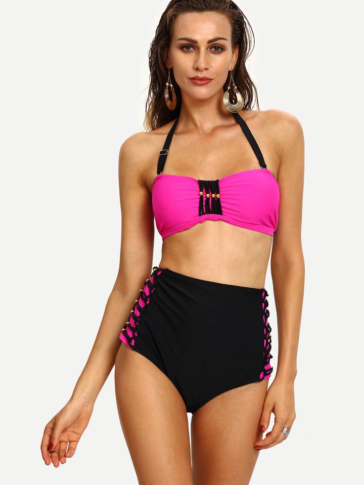 Romwe Contrast Beaded Macrame Bikini Set