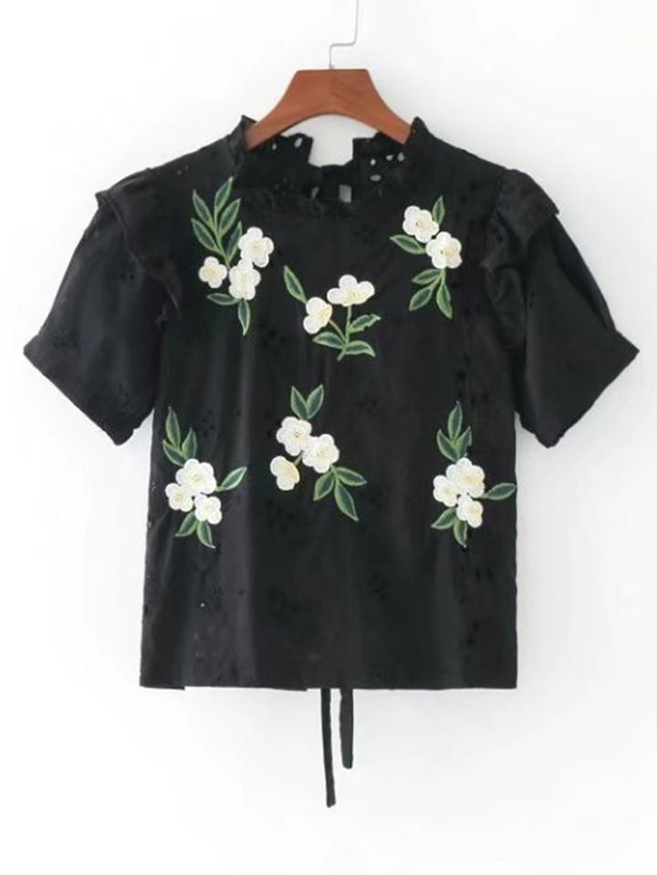 Romwe Band Collar Ditsy Embroided Tie Back Ruffle Top