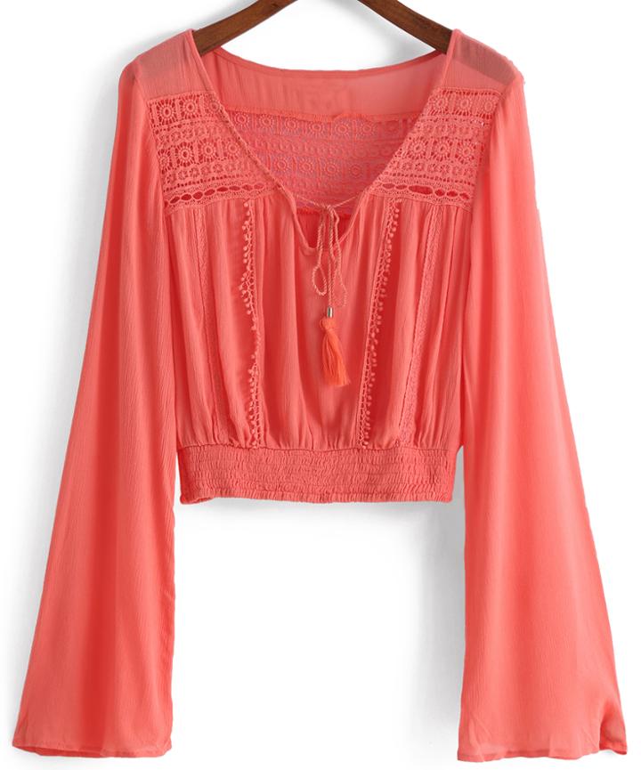 Romwe Bell Sleeve Crochet Hollow Orange Top