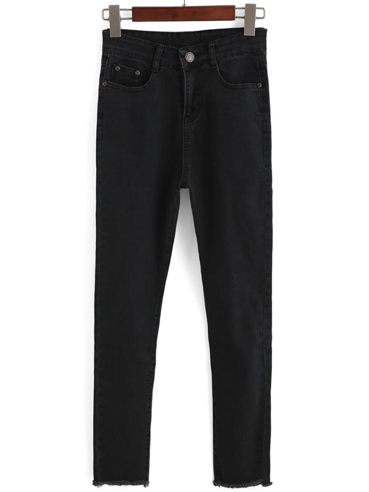 Romwe Fringe Denim Black Pant
