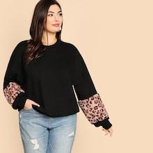 Romwe Plus Drop Shoulder Leopard Panel Sweatshirt