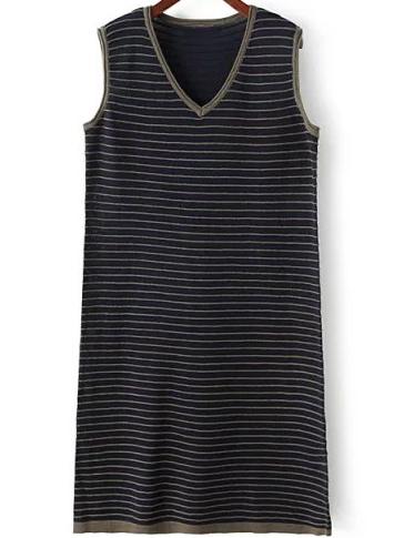 Romwe V Neck Striped Knit Navy Dress