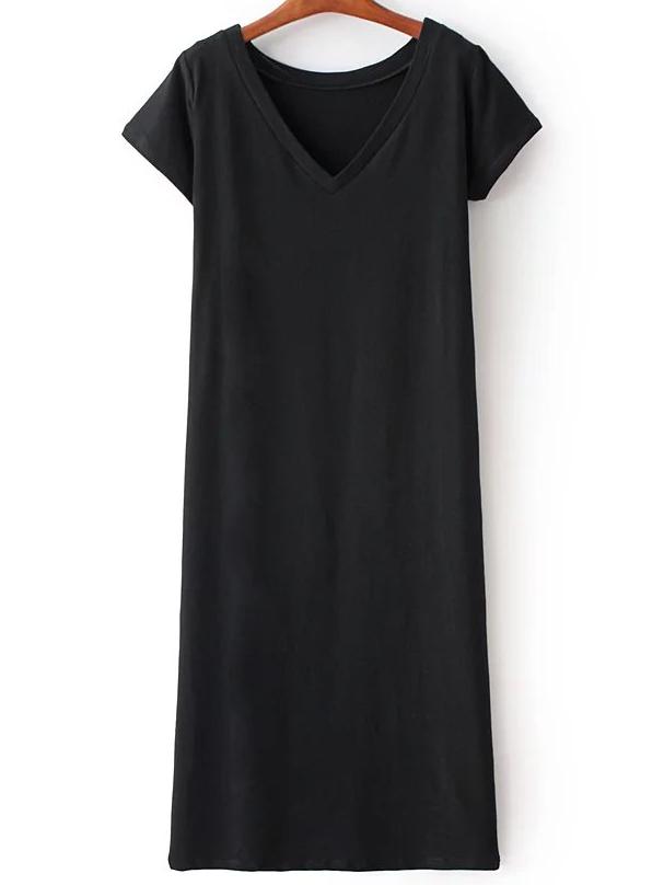 Romwe Black V Neck Plain Asymmetric T-shirt