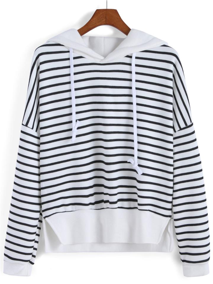 Romwe Hooded Striped Slit Sweatshirt