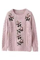 Romwe Flower Embroidered Pink Jumper
