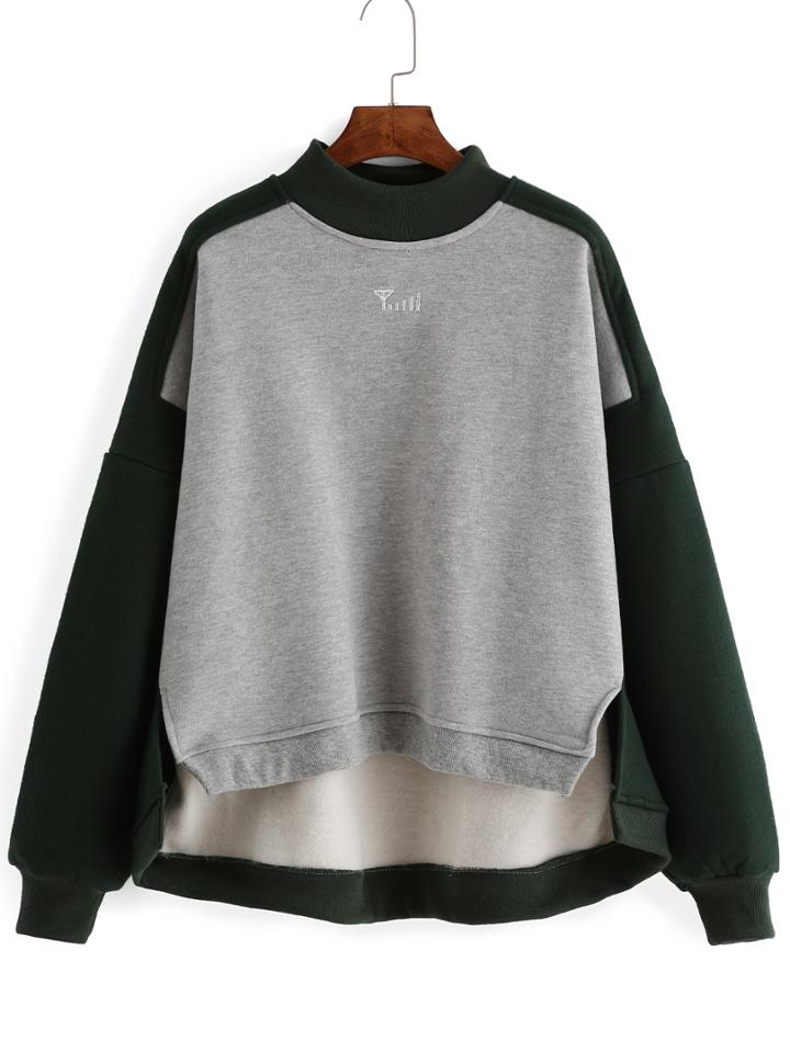 Romwe Dropped Shoulder Seam Embroidered High Low Slit Sweatshirt