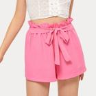 Romwe Solid Tie Front Paperbag Waist Shorts