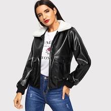 Romwe Faux Fur Detail Pocket Front Jacket