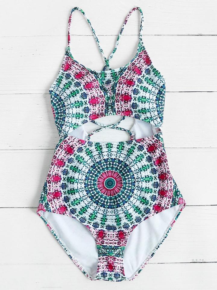 Romwe Mixed Print Cutout Cross Back Swimsuit