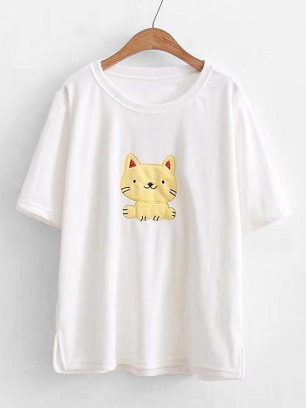 Romwe Cat Patch Side Slit Tee