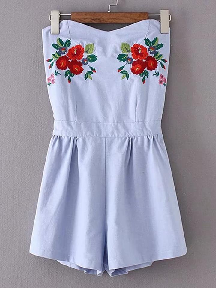 Romwe Sweetheart Open Back Embroidery Playsuit