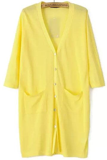 Romwe Yellow V Neck Pockets Loose Knit Cardigan