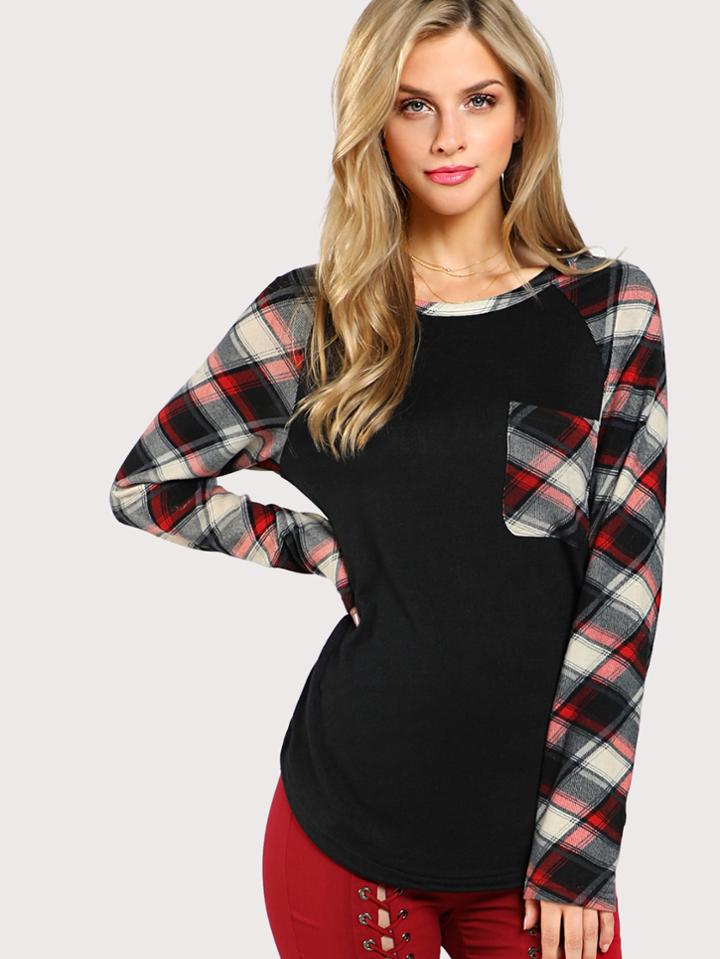 Romwe Checked Raglan Sleeve And Pocket Tee