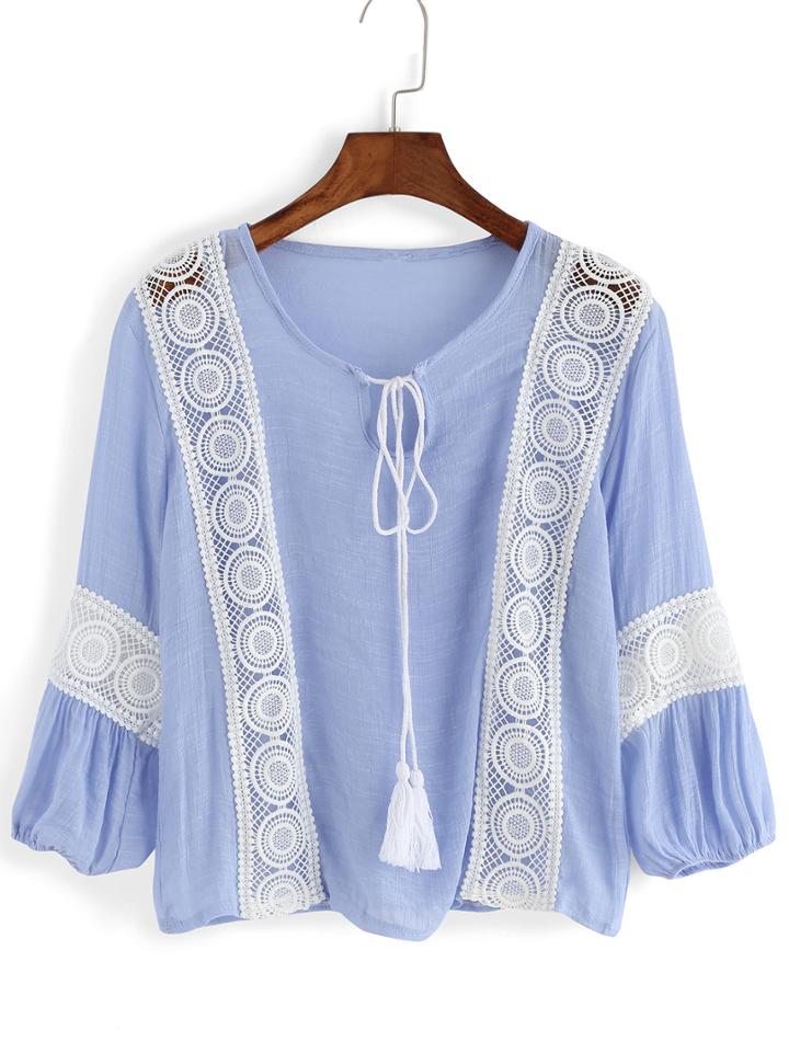 Romwe Blue Tie Collar Lace Crop Blouse