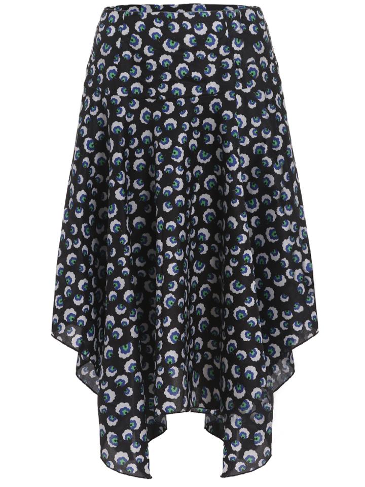Romwe With Zipper Flower Print Asymmetrical Black Skirt