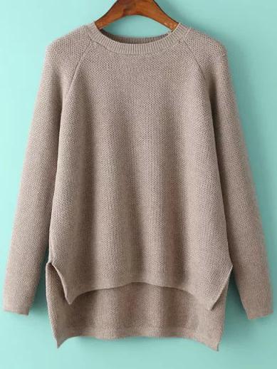 Romwe High Low Split Side Khaki Sweater