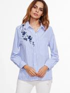 Romwe Blue Vertical Striped High Low Flower Embroidery Blouse