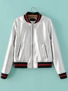 Romwe Silver Striped Trim Zipper Up Flight Jacket
