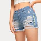 Romwe Slogan Print Ripped Raw Hem Denim Shorts