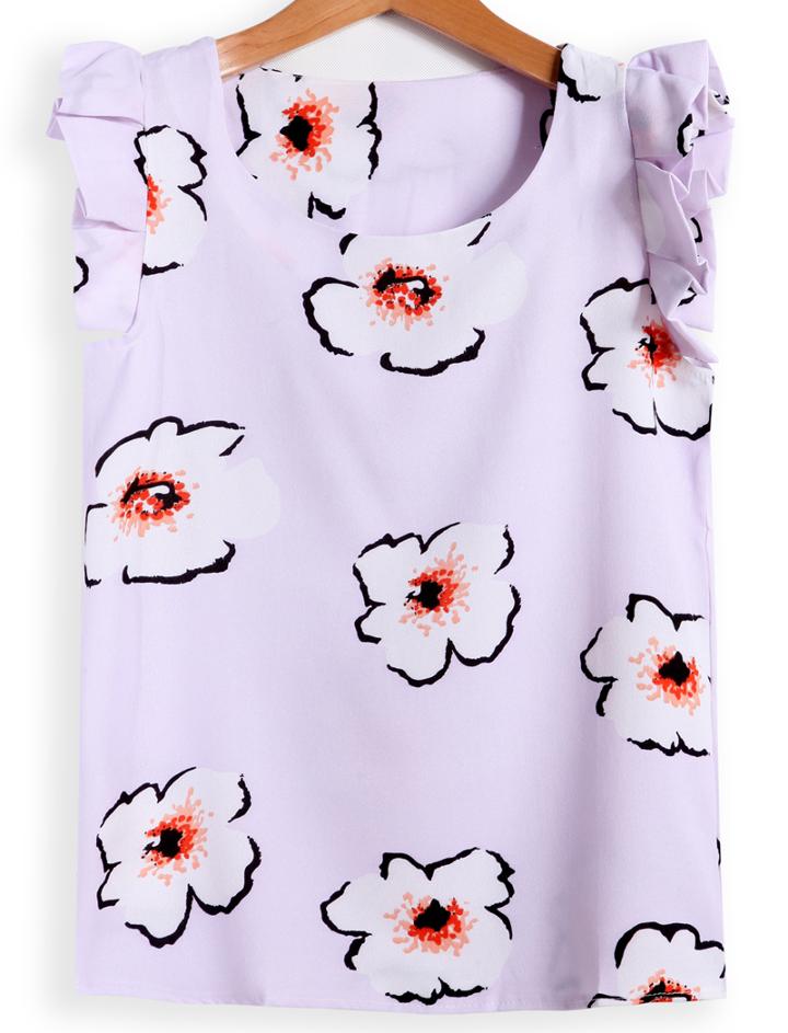Romwe Sleeveless Flower Print Blouse