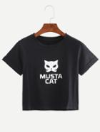 Romwe Black Cat Print Cuffed Crop T-shirt