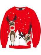 Romwe Women Red Christmas Moose Print Sweater