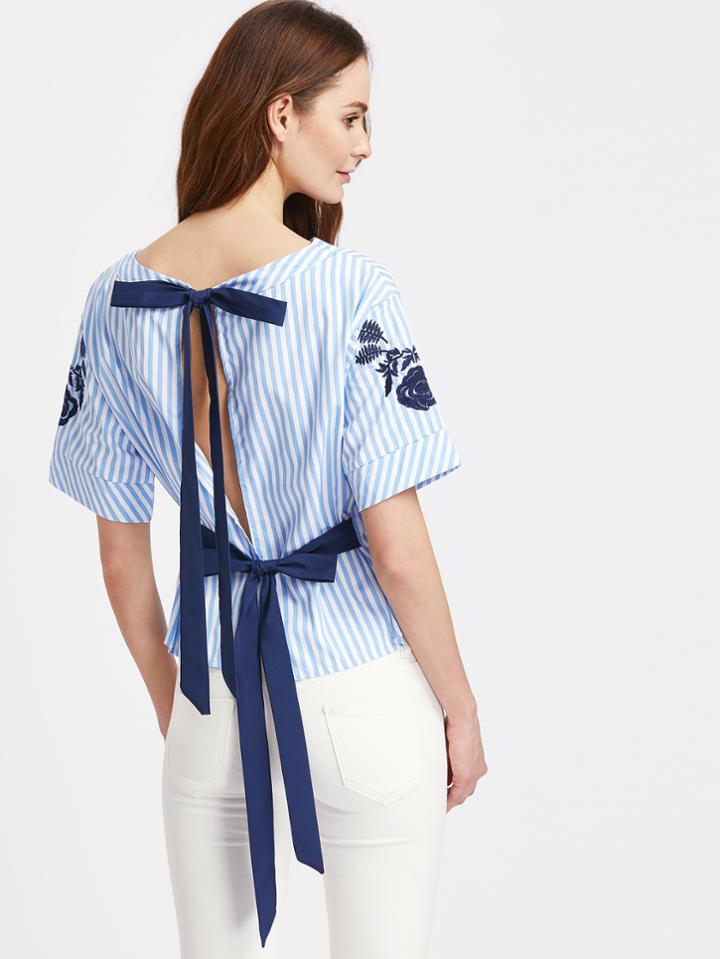 Romwe Embroidery Split Back Bow Tie Detail Striped Top