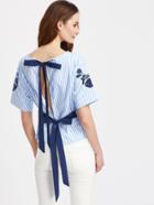 Romwe Embroidery Split Back Bow Tie Detail Striped Top