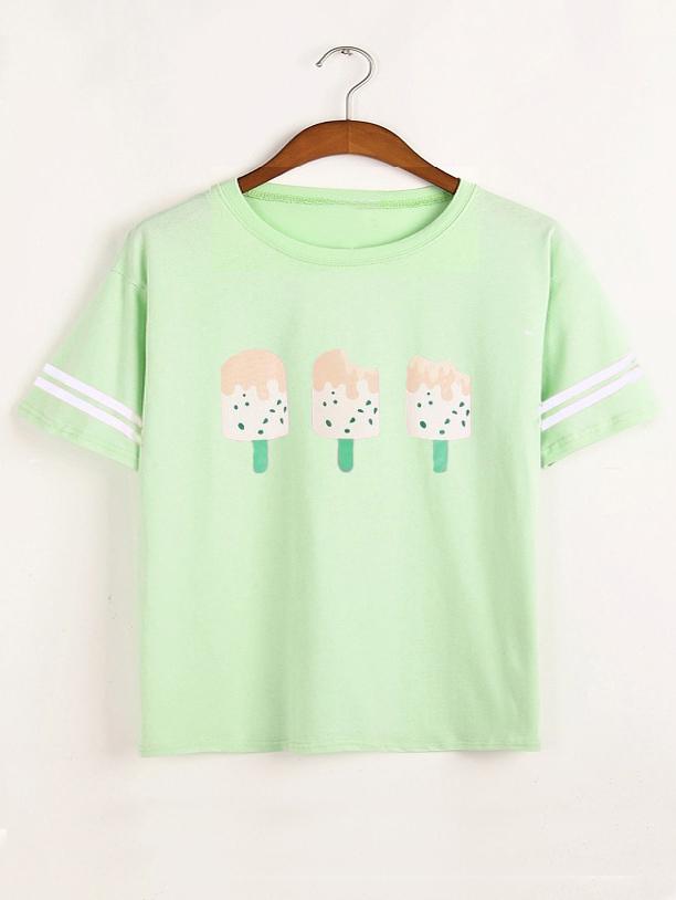 Romwe Popsicle Print Striped Sleeve T-shirt - Green