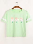 Romwe Popsicle Print Striped Sleeve T-shirt - Green