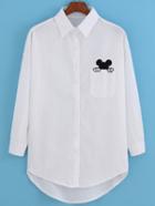 Romwe Lapel Dip Hem Mickey Embroidered Pocket White Blouse