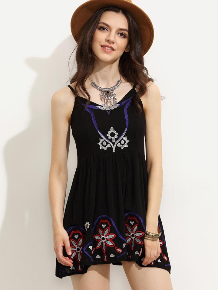 Romwe Black Spaghetti Strap Flower Embroidered Dress