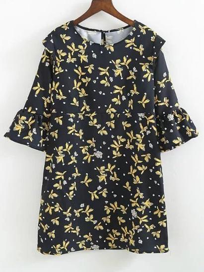 Romwe Bell Sleeve Floral Keyhole Back Dress