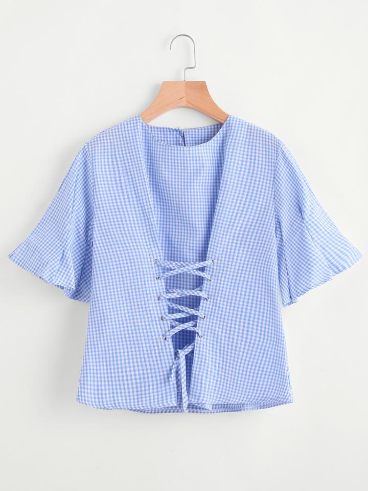 Romwe Gingham Print Grommet Lace Up Blouse